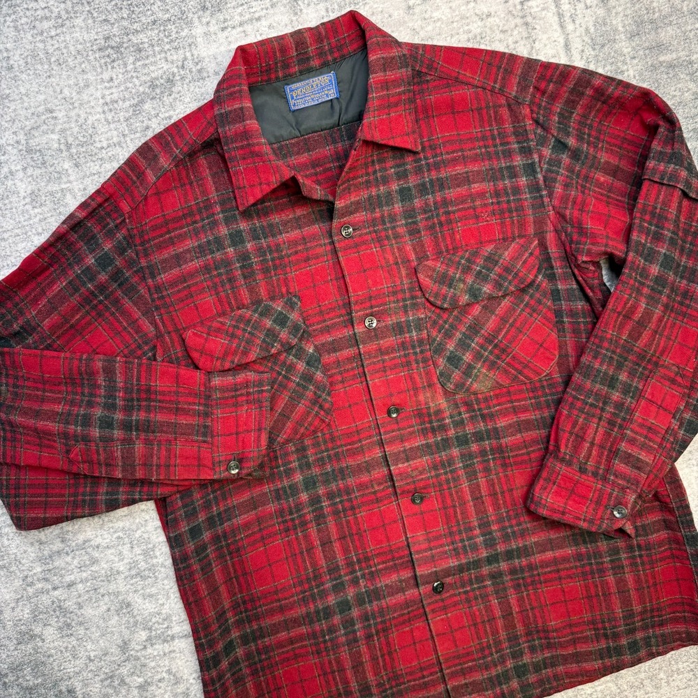 VTG Pendleton Board Shirt Mens Medium Red Tartan Plaid Wool Flannel Loop Pockets